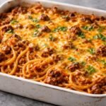 Taco Spaghetti Casserole Recipe is a cheesy and comforting dinner full of bold taco flavor. This easy baked pasta dish combines spaghetti, seasoned beef, salsa and melted cheese in one pan.