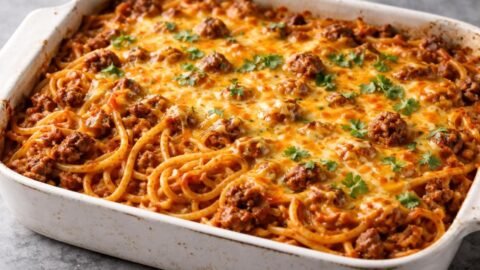 Taco Spaghetti Casserole Recipe is a cheesy and comforting dinner full of bold taco flavor. This easy baked pasta dish combines spaghetti, seasoned beef, salsa and melted cheese in one pan.