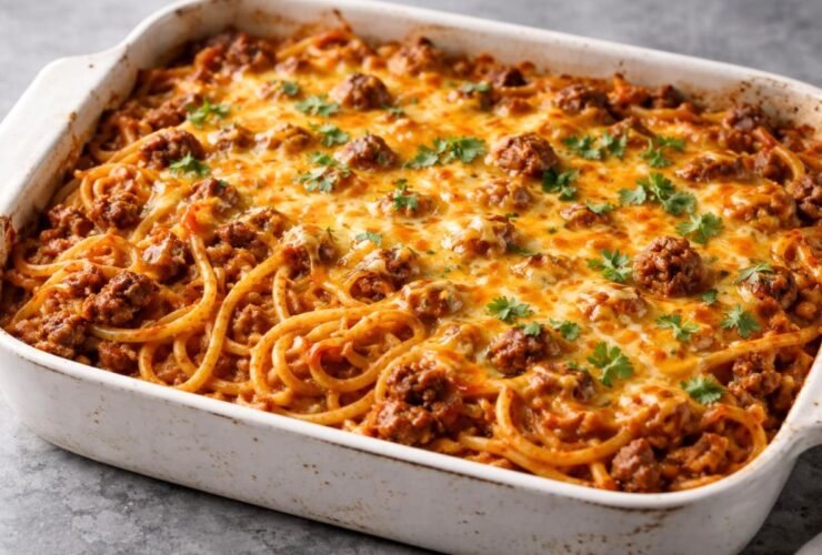 Taco Spaghetti Casserole Recipe is a cheesy and comforting dinner full of bold taco flavor. This easy baked pasta dish combines spaghetti, seasoned beef, salsa and melted cheese in one pan.