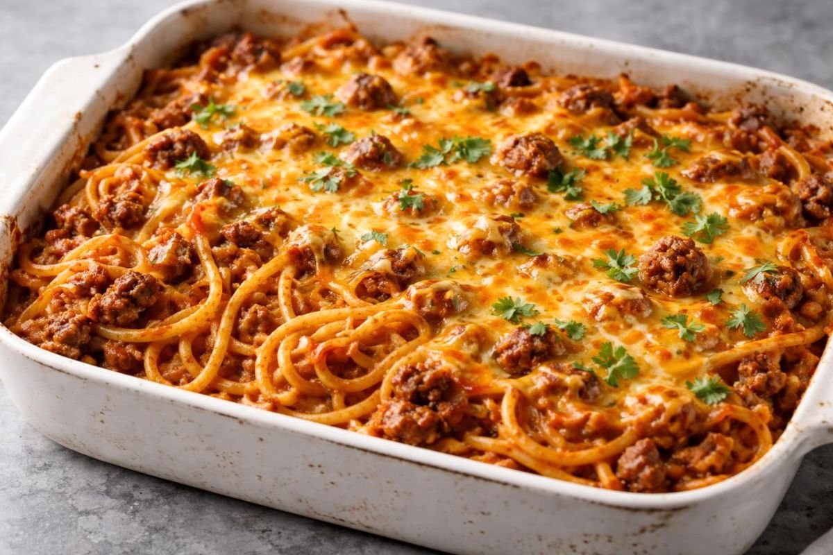 Taco Spaghetti Casserole Recipe is a cheesy and comforting dinner full of bold taco flavor. This easy baked pasta dish combines spaghetti, seasoned beef, salsa and melted cheese in one pan.