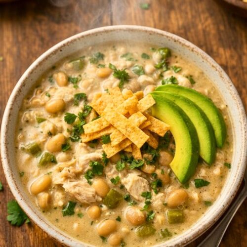 A creamy bowl of white chicken chili with tender chicken, white beans, green chilies, garnished with cilantro, avocado slices, and tortilla strips on a wooden table.