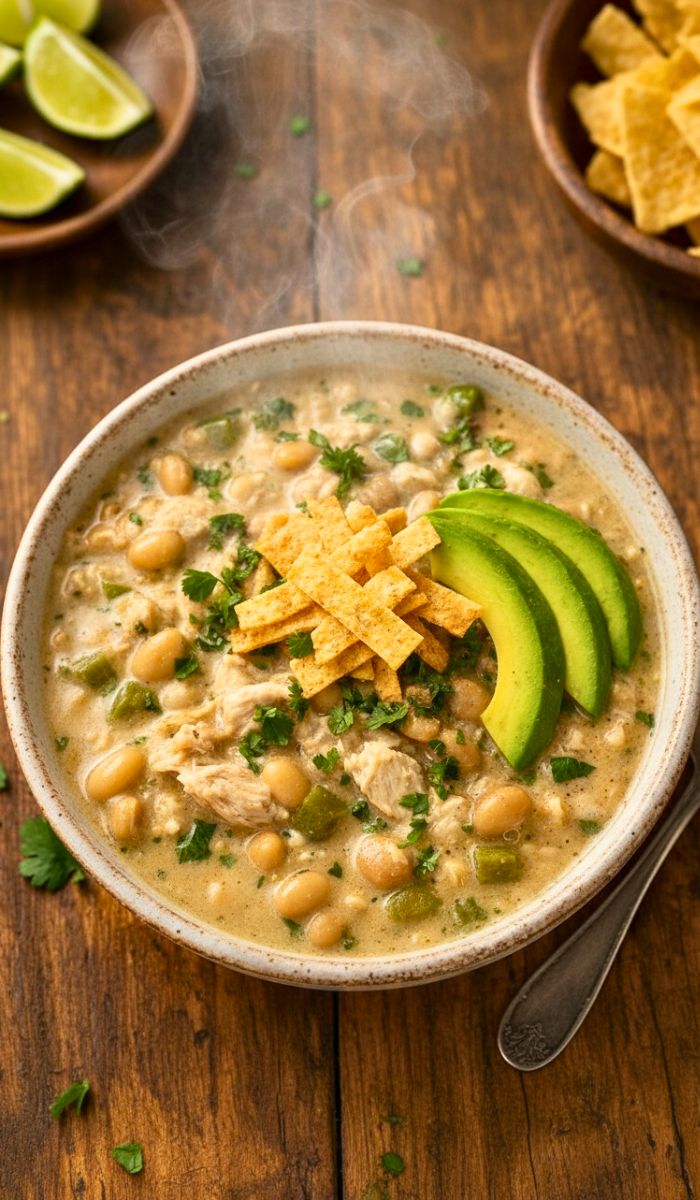 A creamy bowl of white chicken chili with tender chicken, white beans, green chilies, garnished with cilantro, avocado slices and tortilla strips on a wooden table.