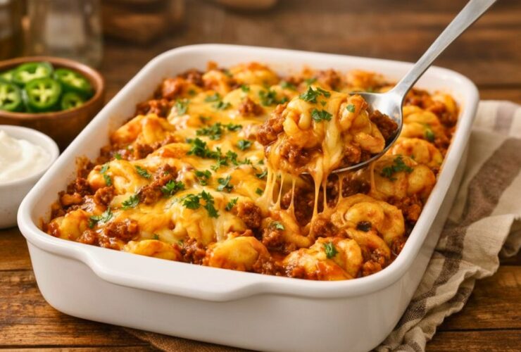 Cheesy Beef Enchiladas Tortellini Recipe in a white ceramic dish with melted cheese, rich red enchilada sauce, seasoned ground beef, and fresh cilantro garnish on a wooden table.