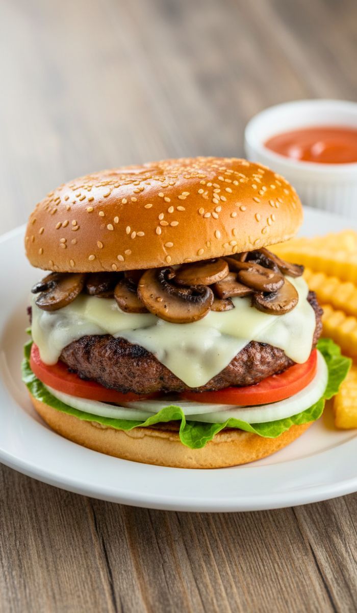 Mushroom Swiss burger with fries.