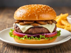 Mushroom Swiss burger with fries.