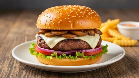 Mushroom Swiss burger with fries.