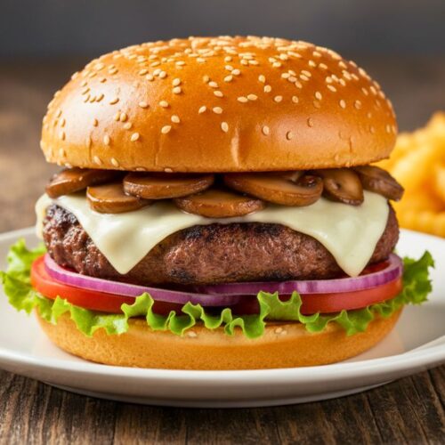 Mushroom Swiss burger with fries.