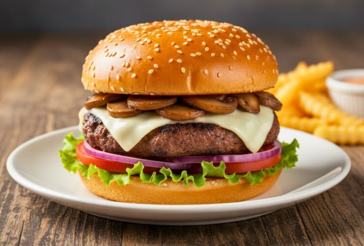 Mushroom Swiss burger with fries.