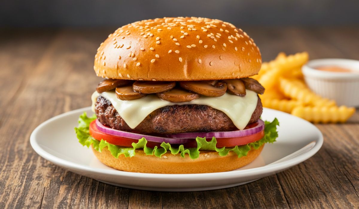 Mushroom Swiss burger with fries.