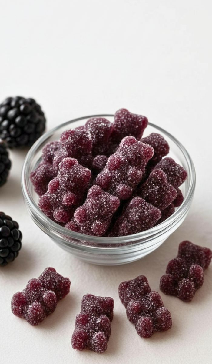 Purple gummy bears with blackberries.