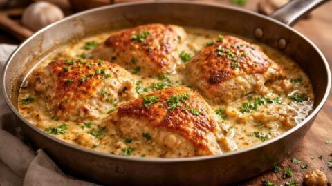 Bobby Flay Chicken Thighs with Creamy Garlic Sauce Recipe