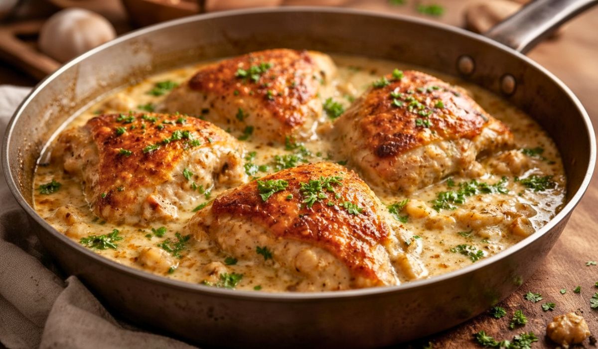 Bobby Flay Chicken Thighs with Creamy Garlic Sauce Recipe